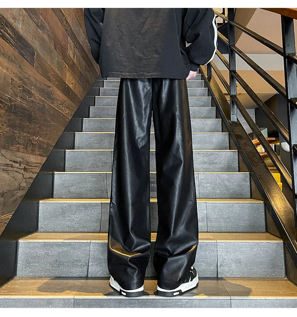 Men Windproof Leather Pants Baggy Wide Leg Trousers