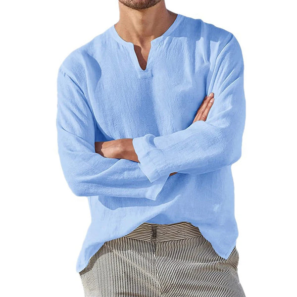 Mens Cotton Linen Shirt Long Sleeve V Neck Breathable Oversized Fit