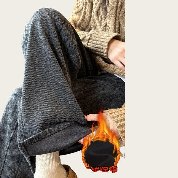 Fleece Lined Wide Leg Pants Women Split Hem Winter Trousers
