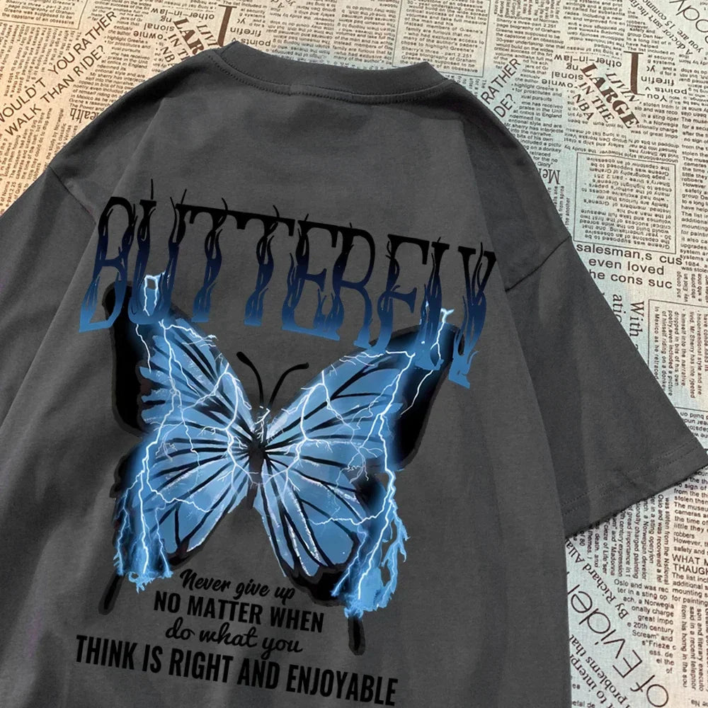 Women’s Oversized Blue Lightning Butterfly Graphic T-Shirt