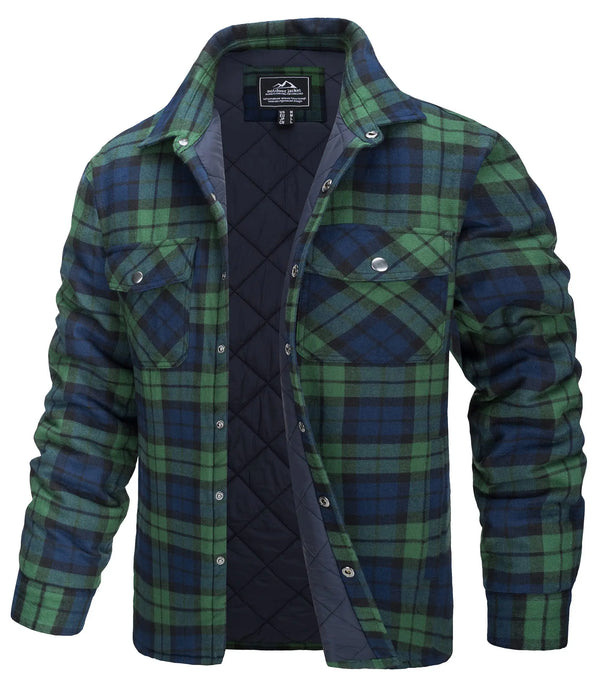Men’s Plaid Flannel Shirt Jacket – Quilted Lined Winter Cotton Coat with Multi Pockets