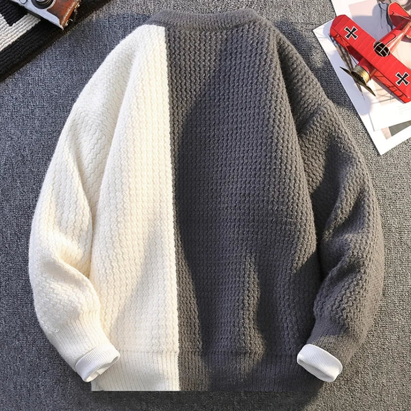 Mens Crew Neck Sweater Drawstring Splice Knit Pullover Fall Winter