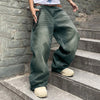 Men Baggy Denim Pants Wide Leg High Waist Belt Casual Trousers