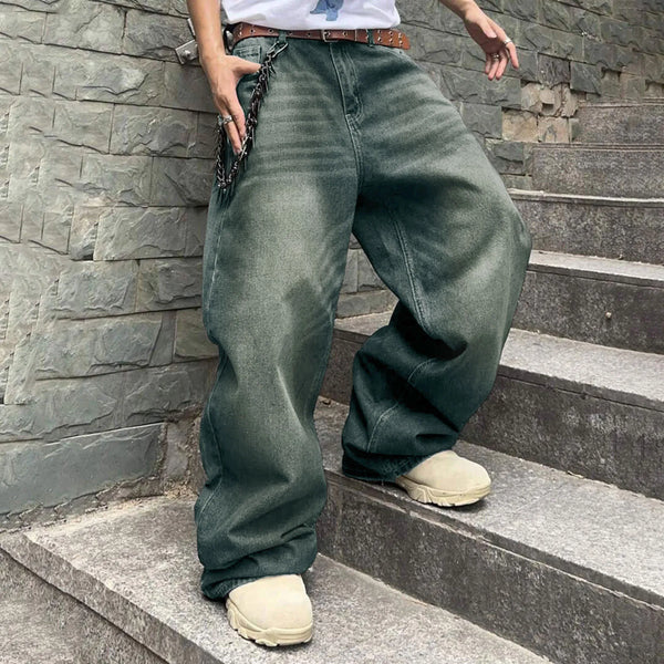Men Baggy Denim Pants Wide Leg High Waist Belt Casual Trousers