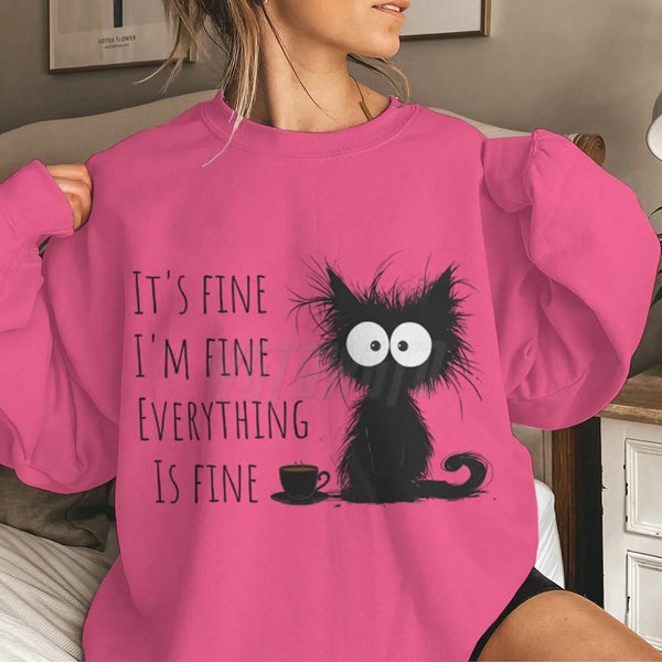 Funny Black Cat Hoodie ‘It’s Fine I’m Fine’ Kawaii Sweatshirt for Women