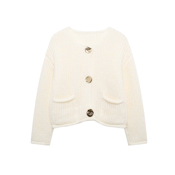 Women's Knit Cardigan Sweater - Gold Buttons & Patch Pockets