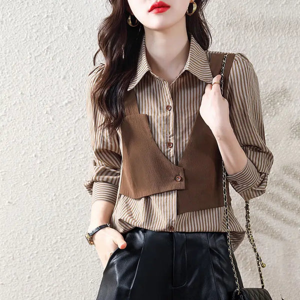 Spliced Striped Fake Two Pieces Shirt Women's Clothing
