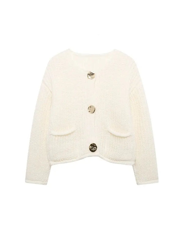 Women's Knit Cardigan Sweater - Gold Buttons & Patch Pockets