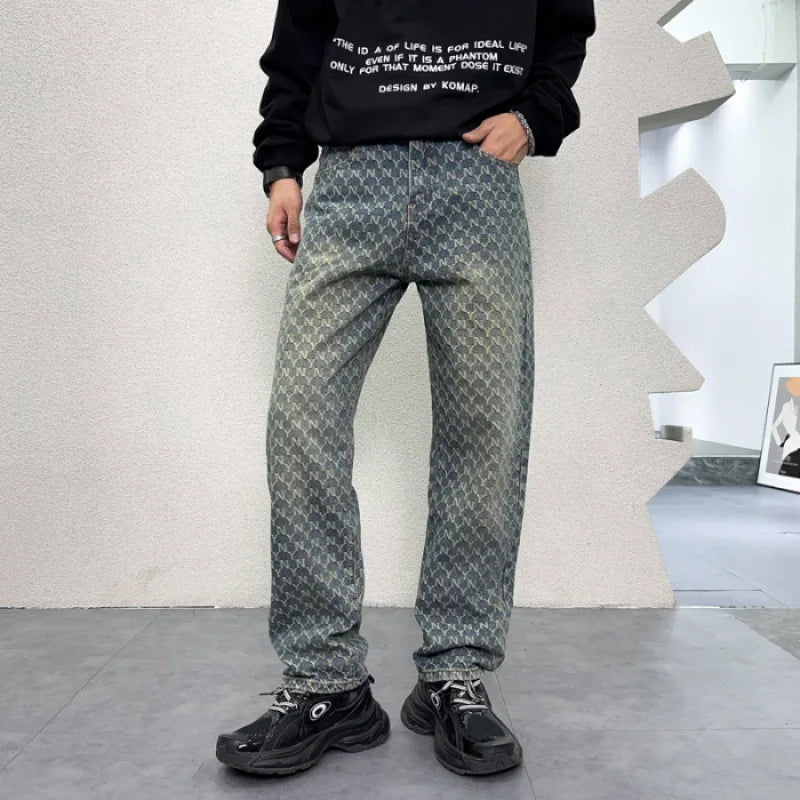 Men’s Vintage Fall Full Print Design Loose Wide-Leg Denim Jeans Trousers