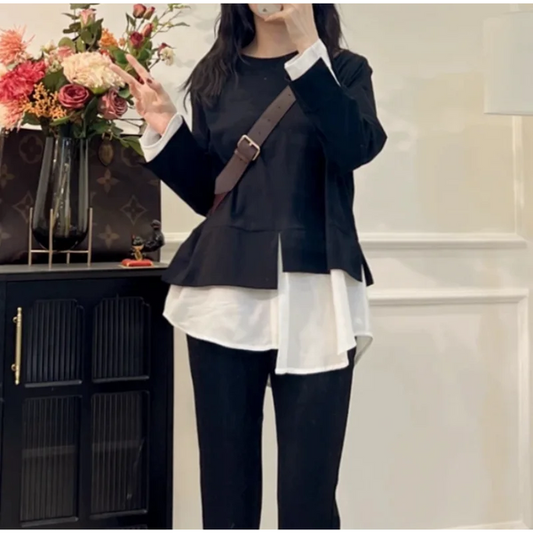 Womens Layered Look Sweatshirt Spliced Design Two Tone Spring Trendy