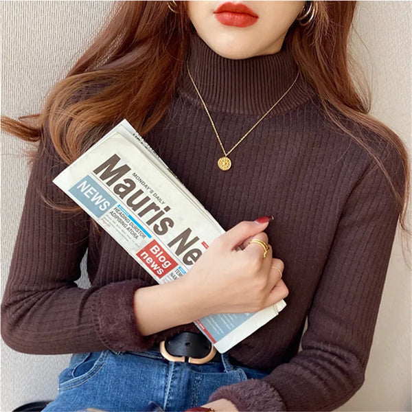 Women's 2025 Winter Retro Turtleneck Sweater with Velvet Lining