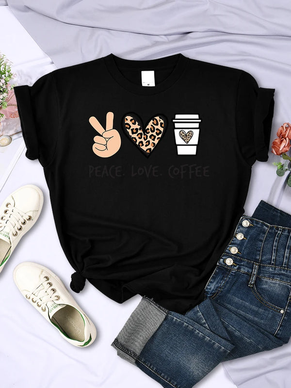 Womens Peace Love Coffee Graphic Tee Cotton O Neck Street Style Shirt