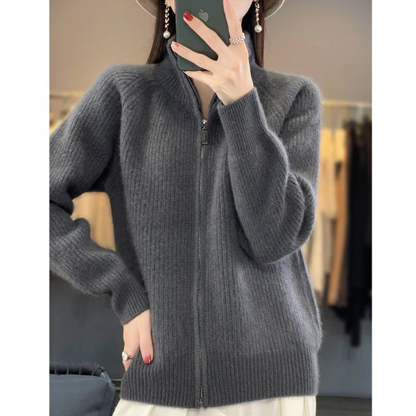 Wool Zipper Cardigan Padded Shoulder Stand Collar Women