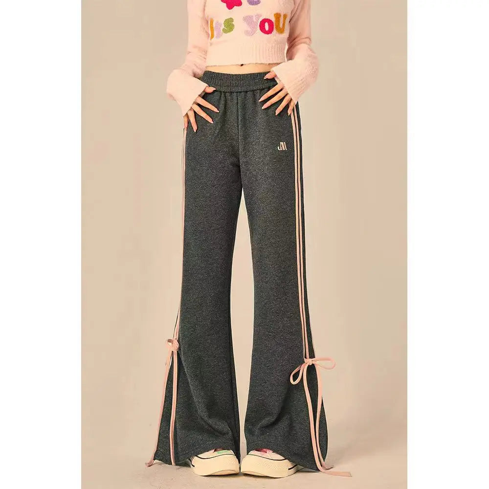 Autumn Winter Slim Lace-Up Wide Leg Stripe Flare Pants