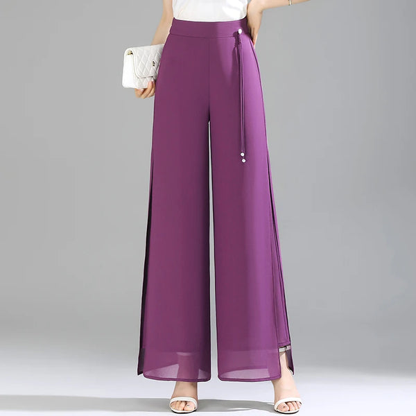 Women's Double Layer Chiffon Pants Elastic Waist Slim Chic