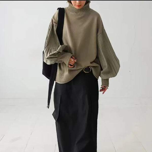 Turtleneck Sweater Women Lantern Sleeve Patchwork Pullover