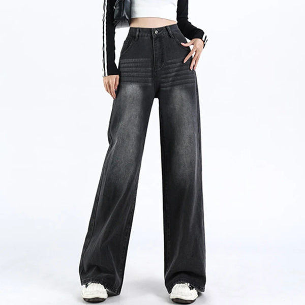 Y2K Black Wide Leg Jeans Women High Waist Fleece Lined Punk Style