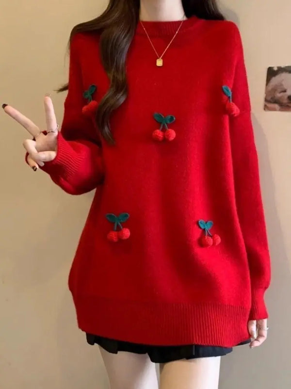 Women’s Christmas Red Cherry Sweater – Cute Long Sleeve Winter Pullover
