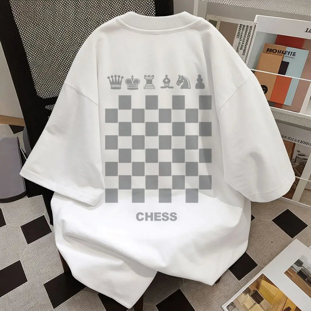 Chess Board Print T-Shirt Men Retro Loose Casual Streetwear"