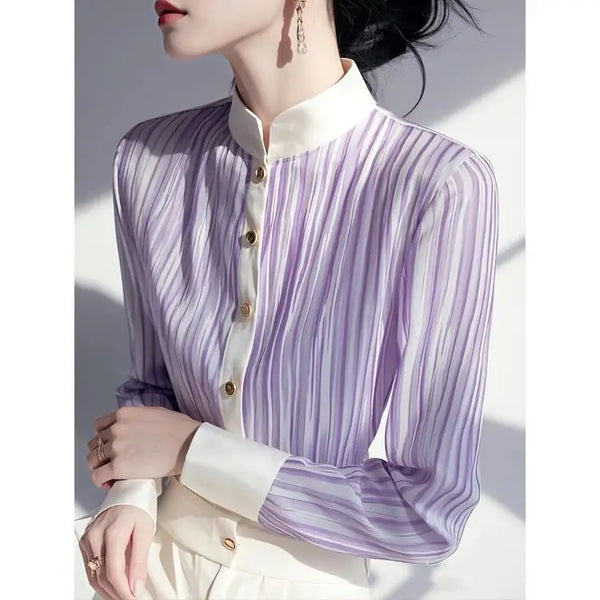 Womens Chiffon Cardigan Gray Stripe Button Front Long Sleeve Top