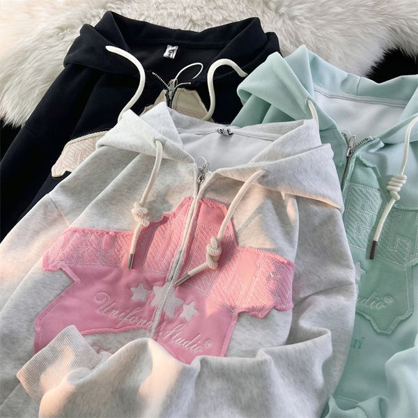 American Retro Star Patch Zipper Hoodies Cardigan for Women