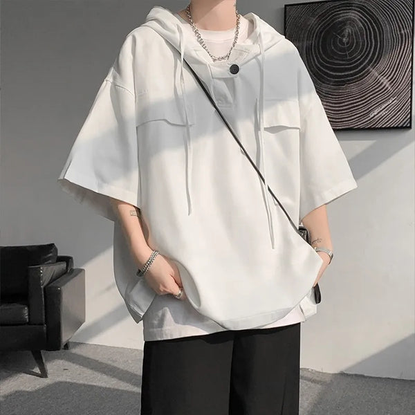 Hooded Tshirt Men Drawstring Short Sleeve Korean Streetwear