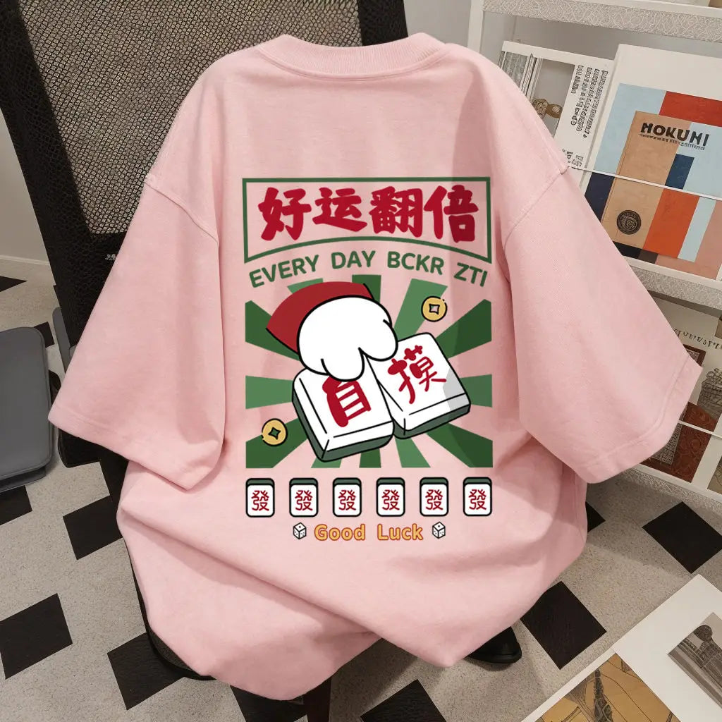 Good Luck Mahjong Tile T-Shirt Women Retro Casual Streetwear