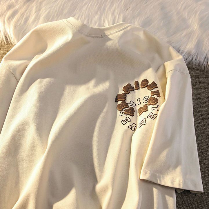 American vintage fashion alphabetic short sleeve T-shirt men summer loose top graphic