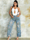 90s Vintage Floral Print High Waist Slant Pocket Wide Leg Jeans Casual
