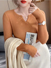 V Neck Sweater Women Knit Pullover Fall Winter Solid Color Top