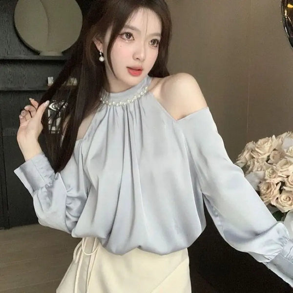Off Shoulder Blouse Women Long Sleeve Korean Style Sweet Top