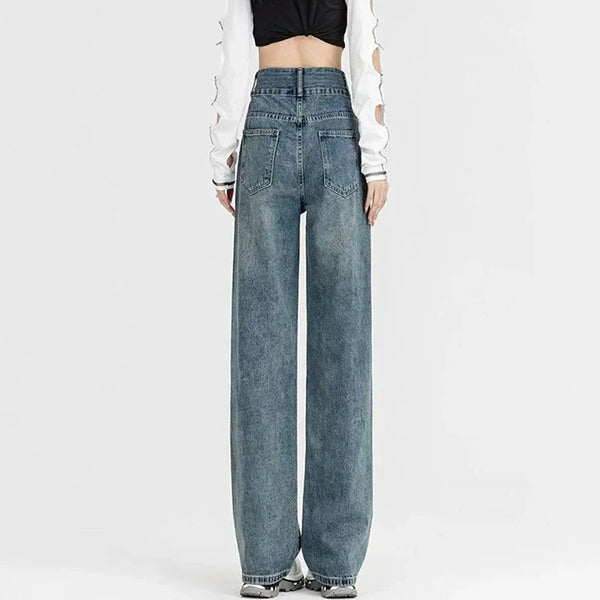 Fleece Lined High Waist Jeans Women Double Buckle Winter Warm Denim