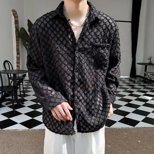 Vintage Plaid Mesh Shirt Men Long Sleeve Streetwear Button Up