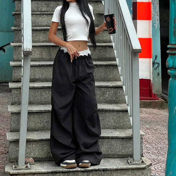 Contrast Lace Stitching Wide Leg Pants Streetwear y2k Low Rise Loose Black Trousers