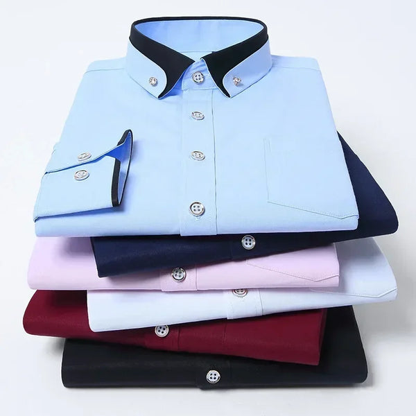 Men’s No-Iron Long Sleeve Shirt – Business Casual Solid Color with Contrasting Collar (Spring Autumn)