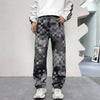 Men’s Light Luxury Mosaic Printed Jeans Retro Loose Wide-Leg Denim Trousers