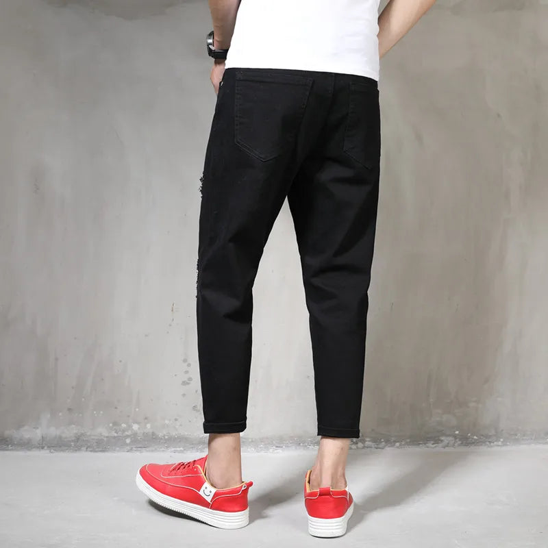 Ripped White Denim Distressed Mens Pants Cowboy Holes