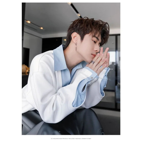 Mens Splice Shirt Long Sleeve Patchwork Designer Top Spring