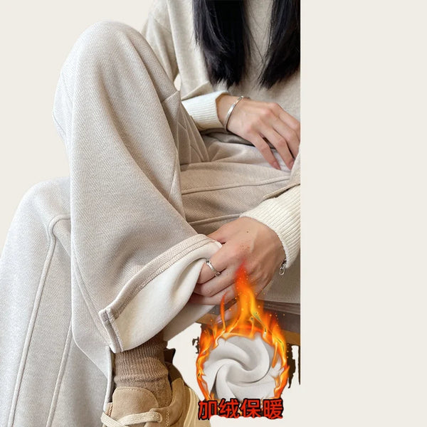 Fleece Lined Wide Leg Pants Women Split Hem Winter Trousers