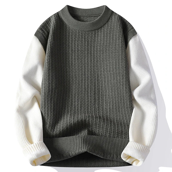 Mens Crew Neck Patchwork Sweater Long Sleeve Knit Pullover Casual