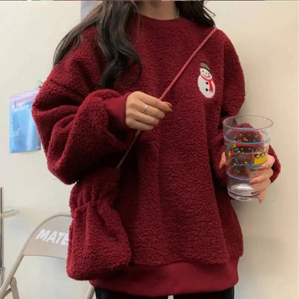 Womens Christmas Embroidered Fleece Hoodie Oversized with Bag