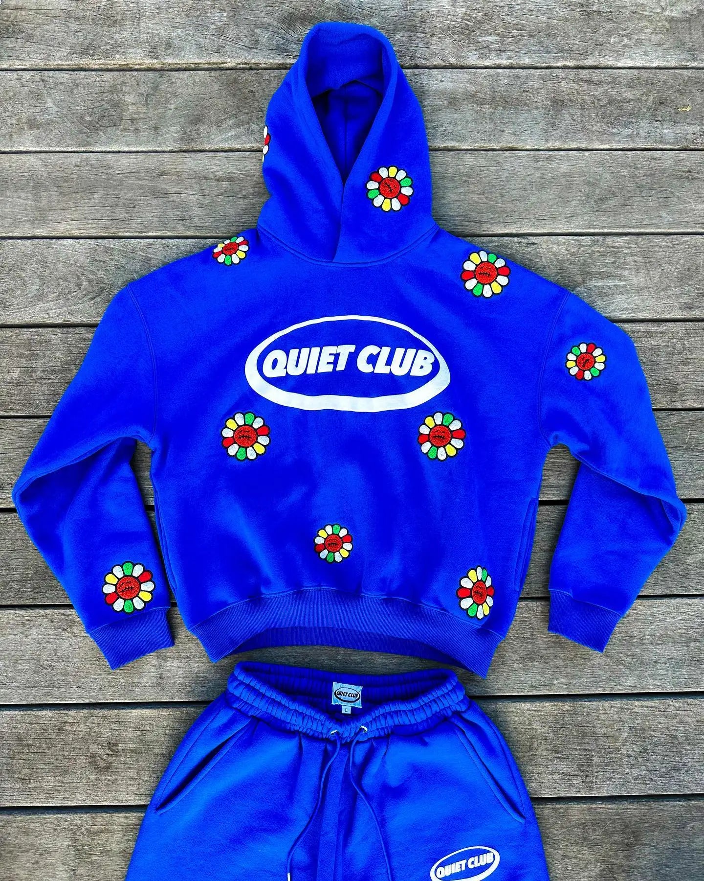 Men's Harajuku Gothic Flower Embroidery Oversized Blue Hoodie