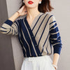 Womens Striped Pullover Sweater V Neck Long Sleeve Button Fall Winter