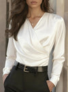 Womens Satin V Neck Wrap Shirt Long Sleeve Dressy Blouse
