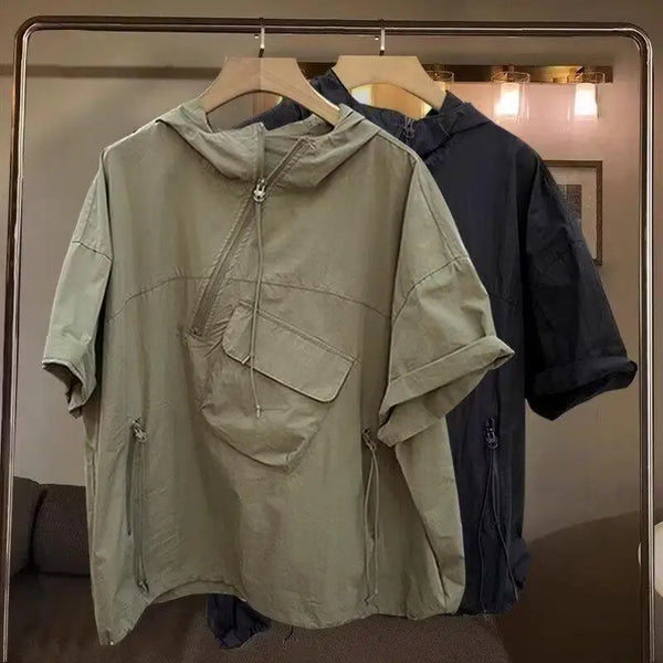 Mens Hooded Polo Shirt Short Sleeve Cotton Blend Casual Summer Tee