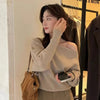 Womens One Shoulder Knit Sweater Lantern Sleeve Oversized Fit Top