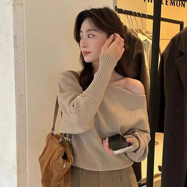 Womens One Shoulder Knit Sweater Lantern Sleeve Oversized Fit Top