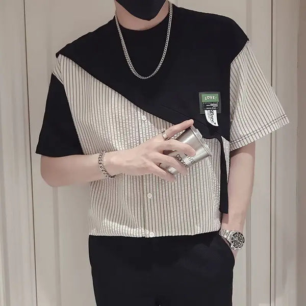 Fake Two-piece T-shirt Men's Spliced striped Short-sleeved Men's