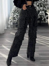 High Waist Black Jeans Women Rhinestone Multi Pocket Straight