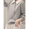 Womens Corduroy Sweatshirt Layered Look Gray Polo Collar Korean Style
